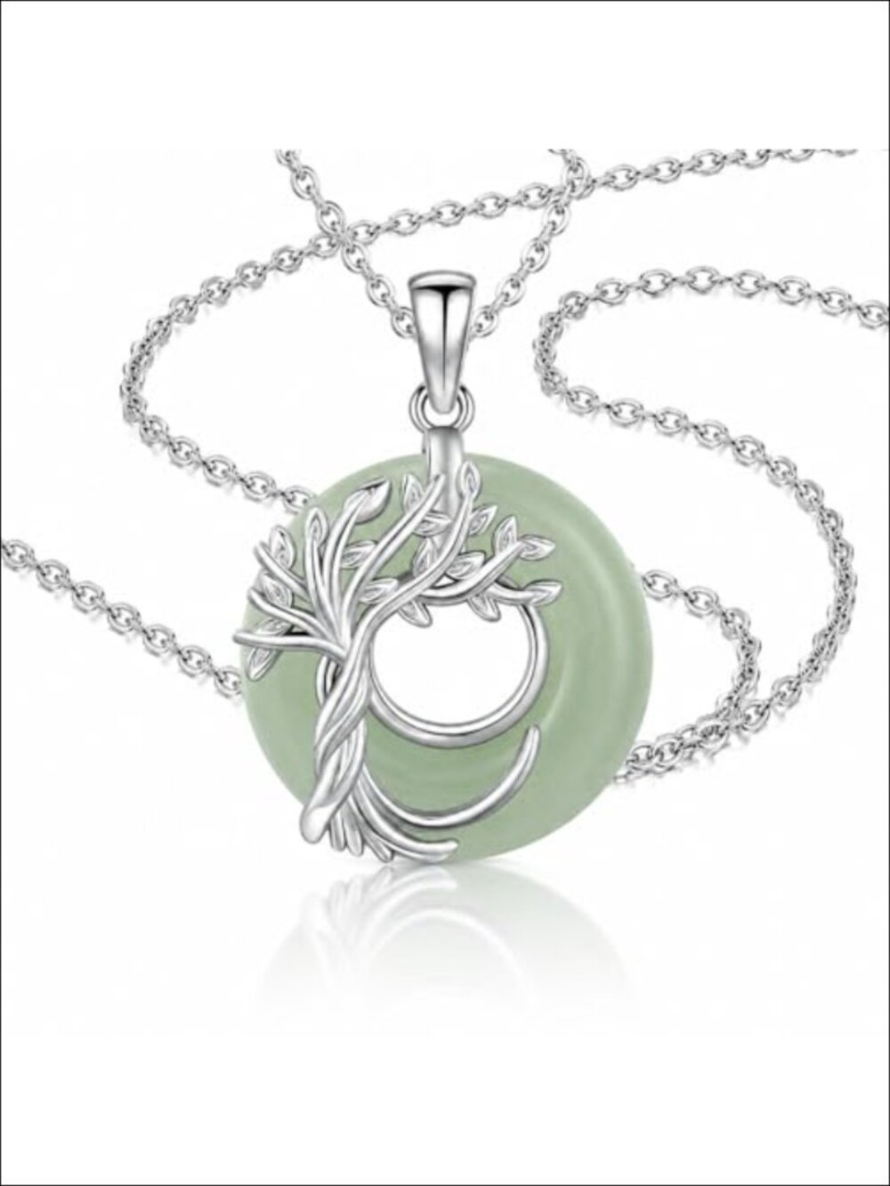 Genuine Jade Pendant Necklace 25MM Donut Tree Life White Gold Finish